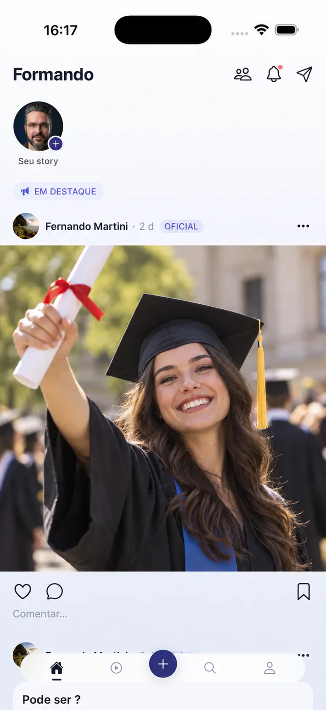 Fil de l’application Formatura Social avec une publication officielle épinglée