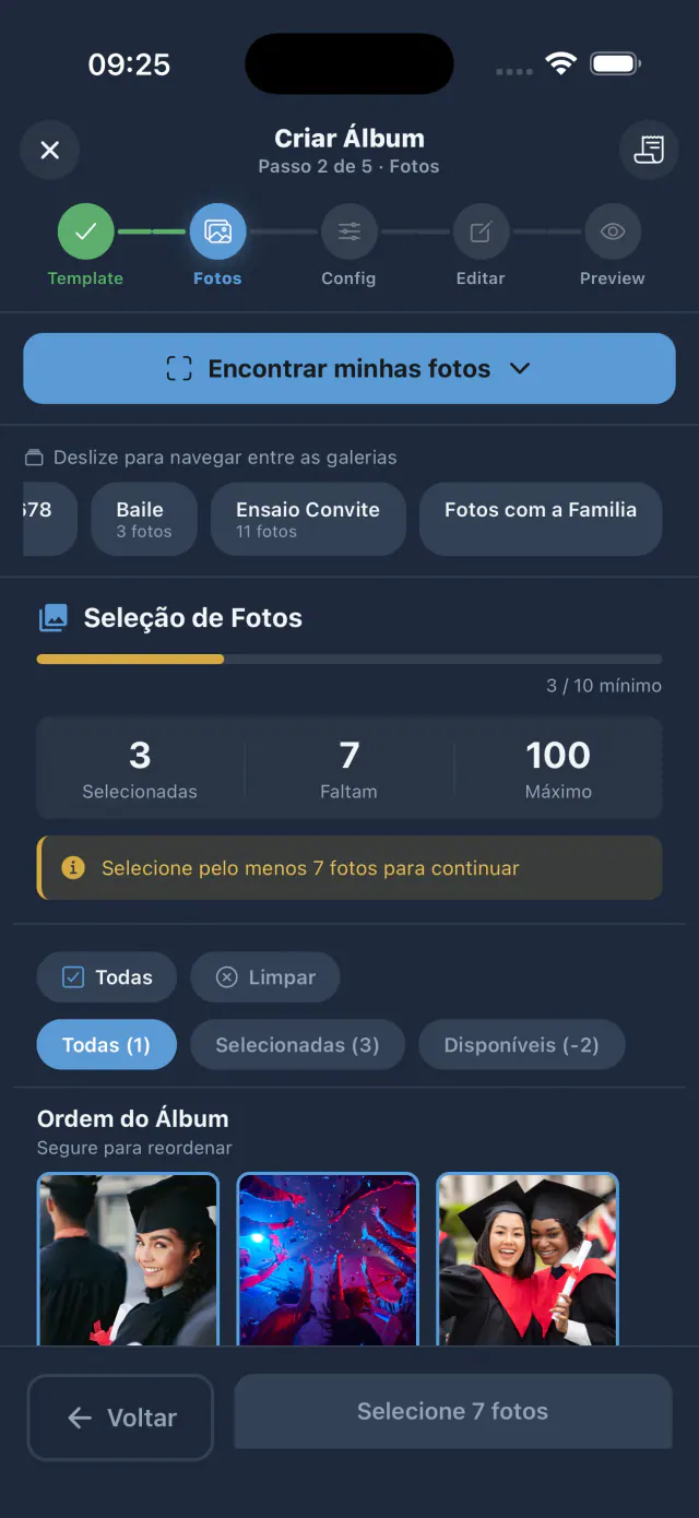 Criação de álbum de formatura passo a passo no app