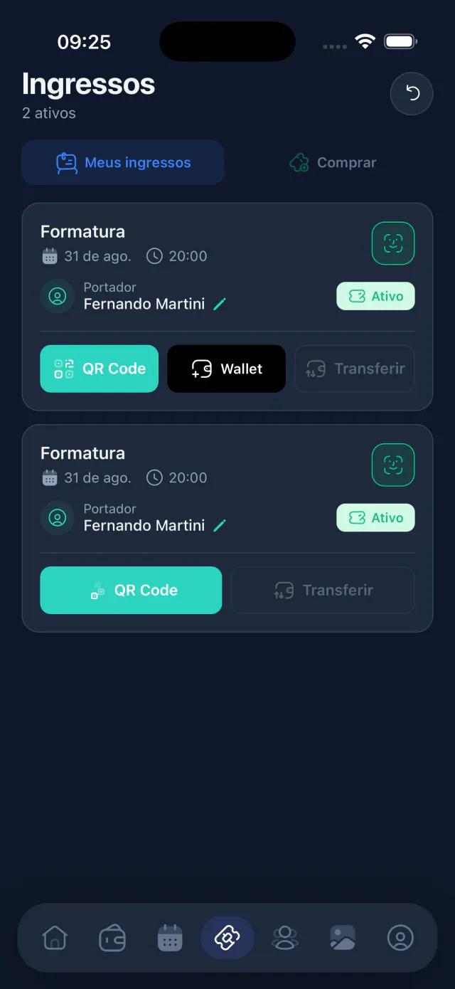 Lista de ingressos com QR Code, Wallet e transferência