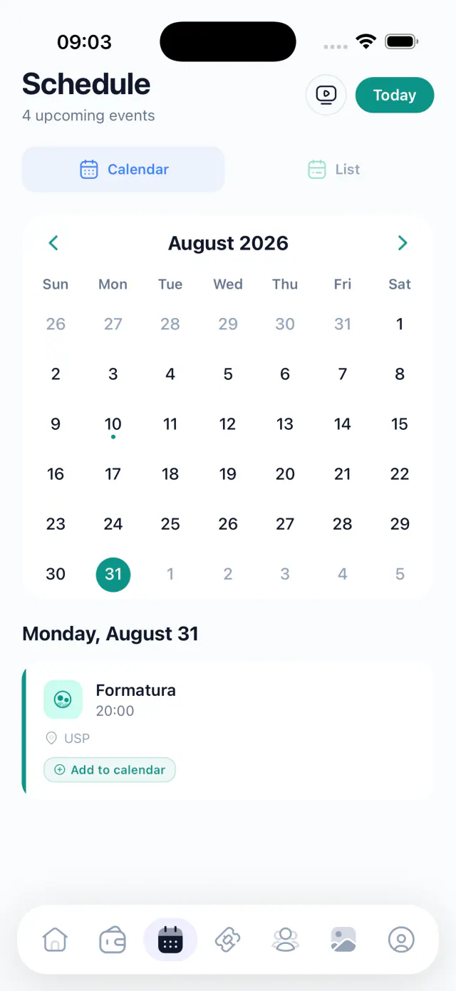 Vista del calendario de la graduación
