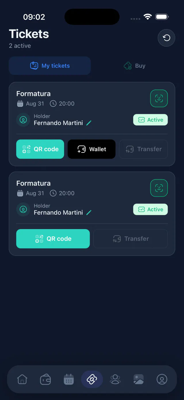 Lista de entradas con código QR, Wallet y transferencia