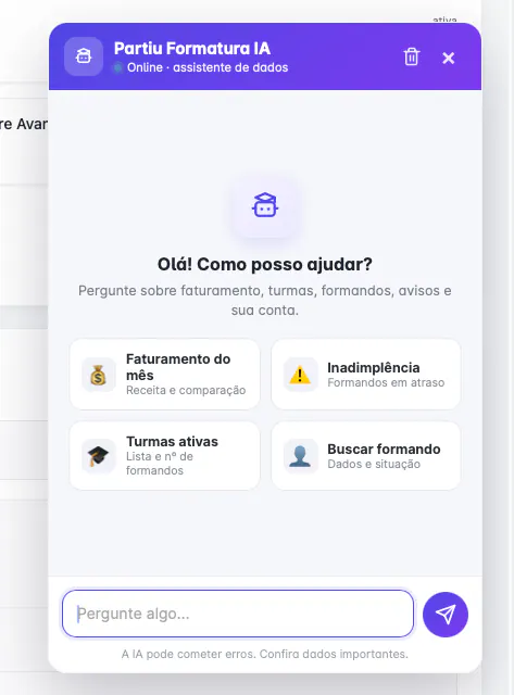 Asistente de IA de Partiu Formatura en Dash respondiendo sobre ingresos, morosidad, promociones activas y búsqueda de graduados