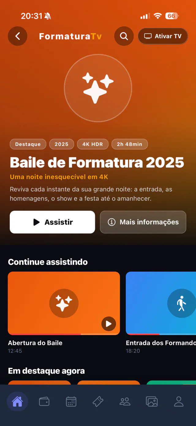 FormaturaTV sur téléphone avec le Bal de promotion 2025 en 4K HDR et la reprise de lecture