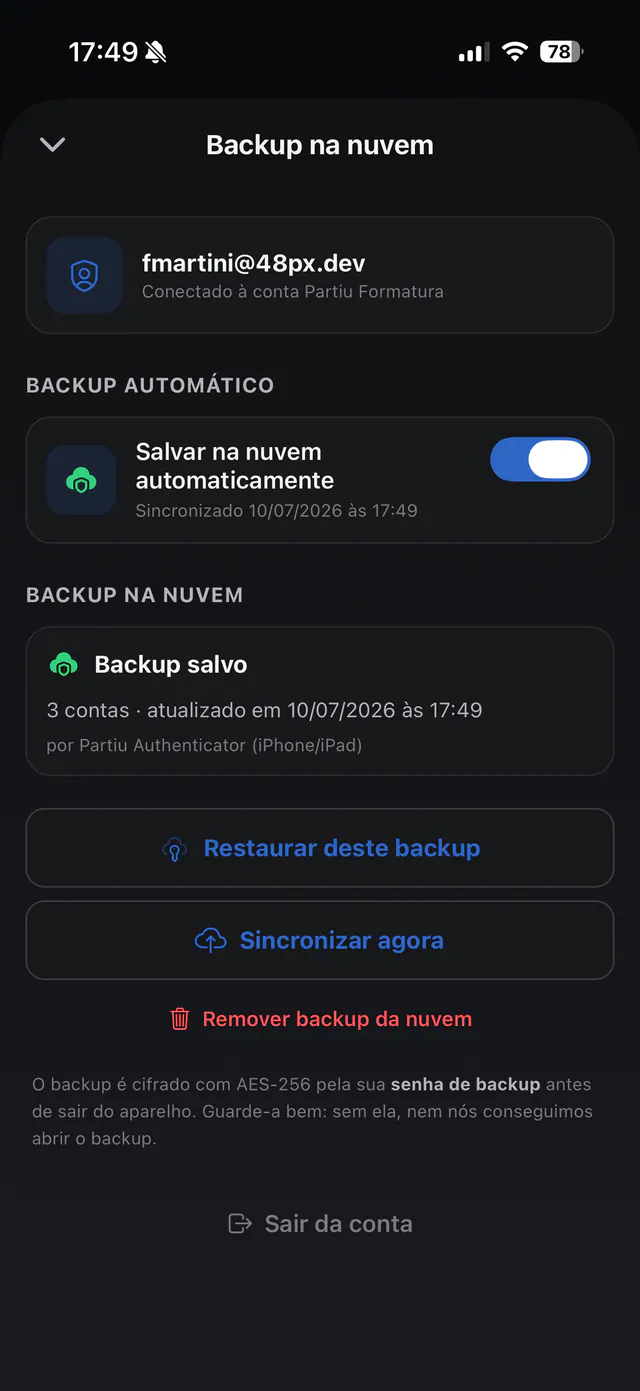 Pantalla de copia en la nube de Partiu Authenticator con sincronización automática y cifrado AES-256