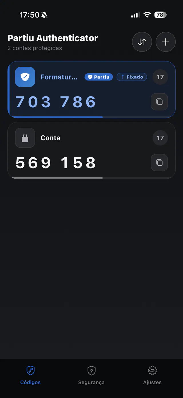 Lista de códigos TOTP de Partiu Authenticator con cuenta atrás visual y botón de copiar