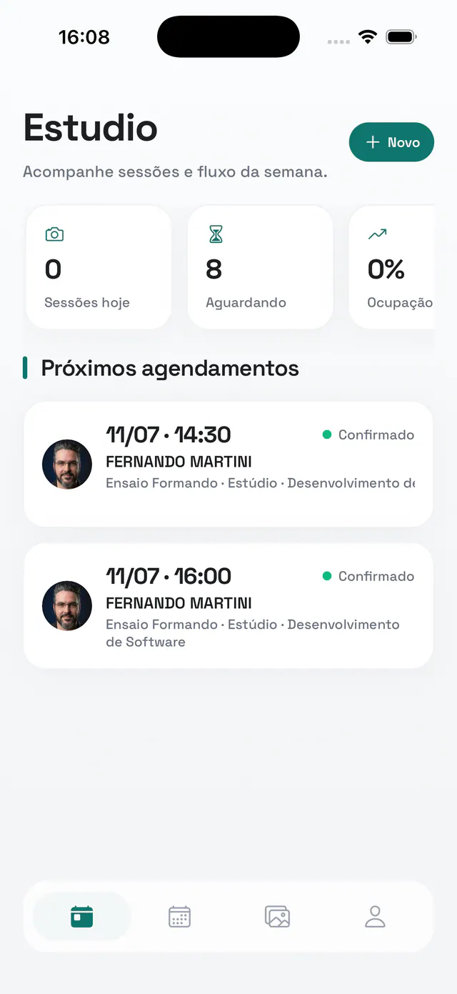 Partiu Estúdio home screen with today's sessions, waiting list, and occupancy