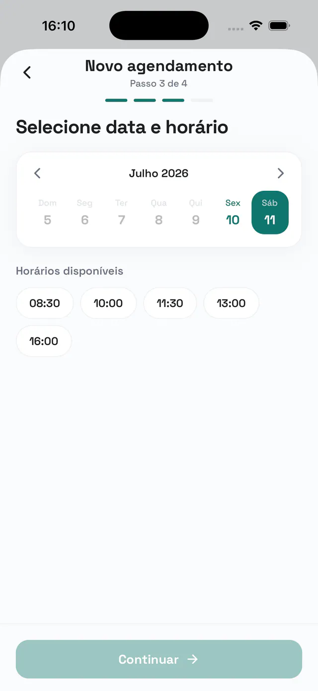 Asistente de nueva reserva con elección de fecha y horarios disponibles