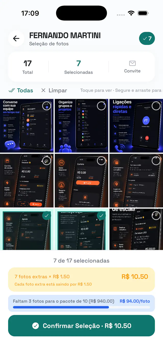 Selección de fotos del graduado con contadores de elegidas y extra