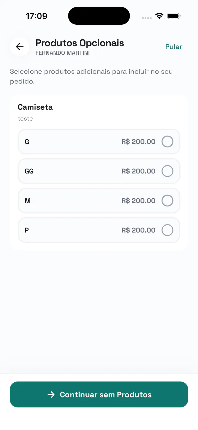 Productos opcionales con variantes y precios para sumar al pedido