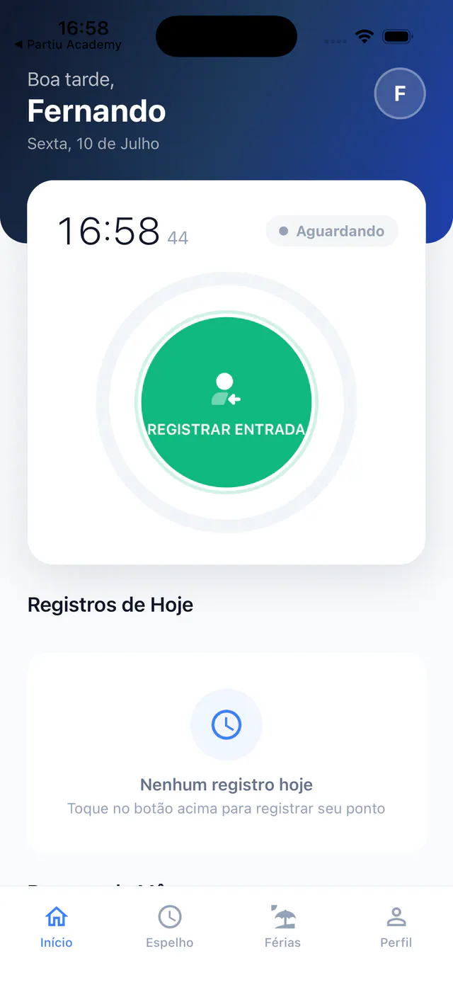 Pantalla de inicio de Partiu Ponto con el botón grande de fichar y el reloj