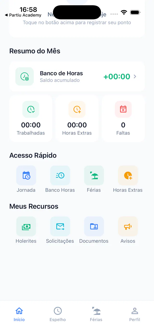 Resumen mensual de Partiu Ponto con bolsa de horas, horas trabajadas, extra y ausencias