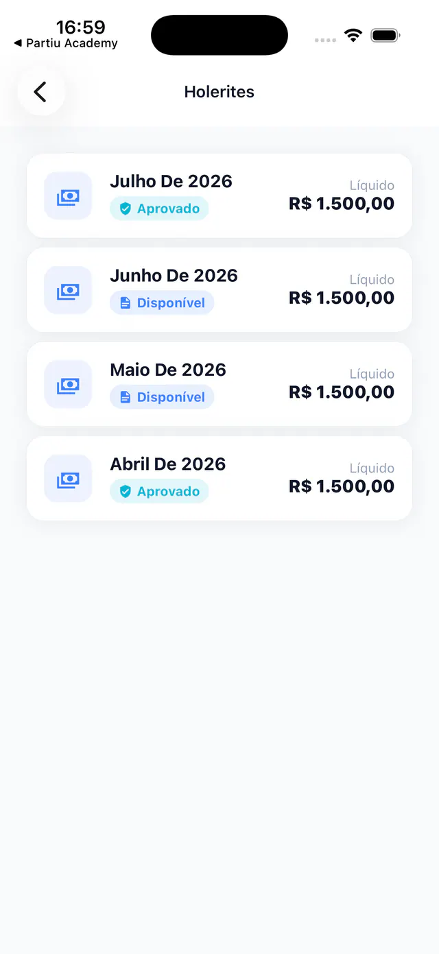 Lista de nóminas del mes con importe neto y estado aprobada o disponible