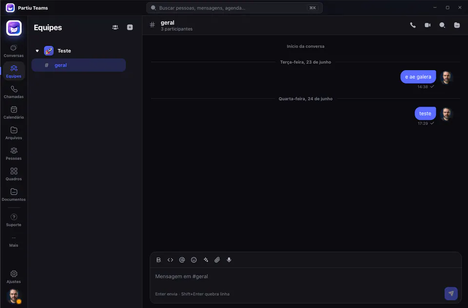 Canal #general de Partiu Teams con mensajes, participantes y barra de redacción