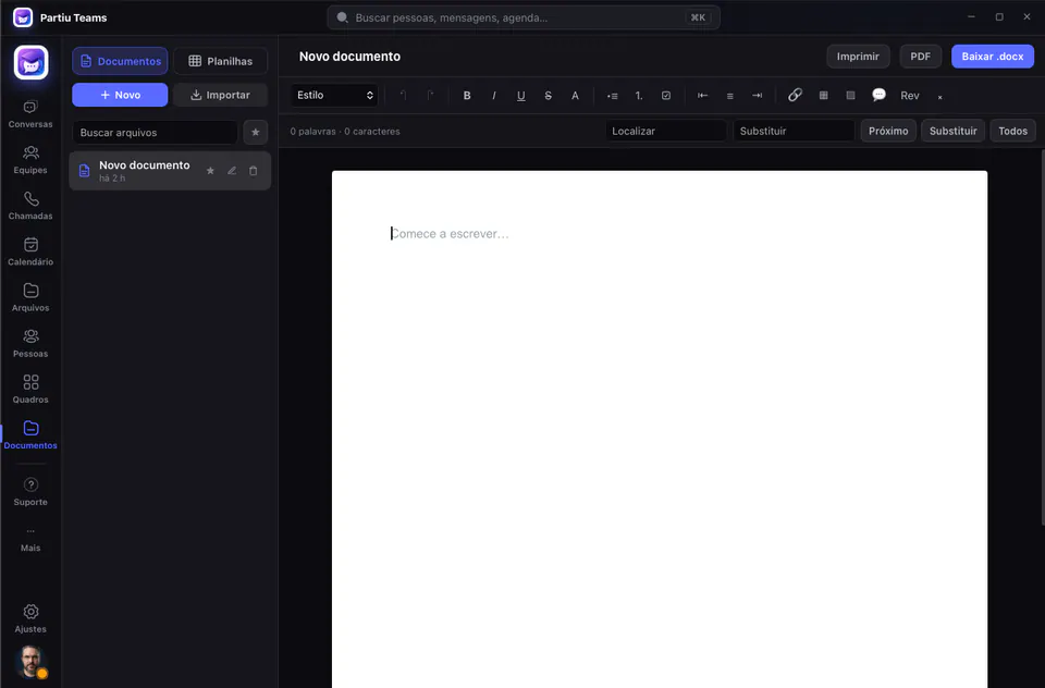 Editor de documentos de Partiu Teams con barra de formato y exportación a .docx y PDF
