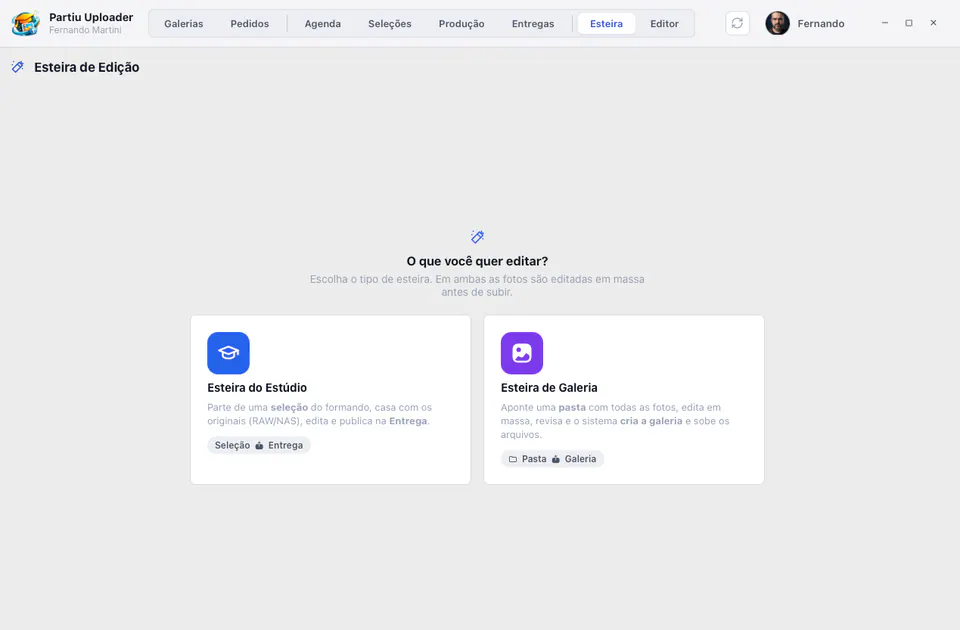 Esteira de edição do Partiu Uploader com os modos Estúdio e Galeria