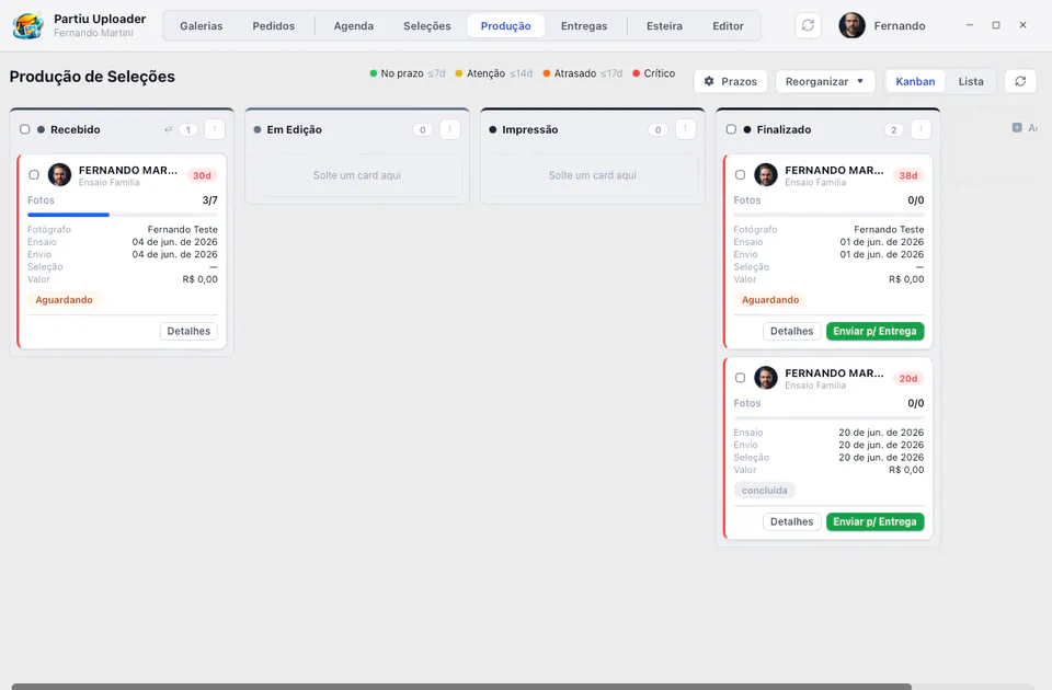Quadro kanban de produção de seleções do Partiu Uploader com alertas de prazo