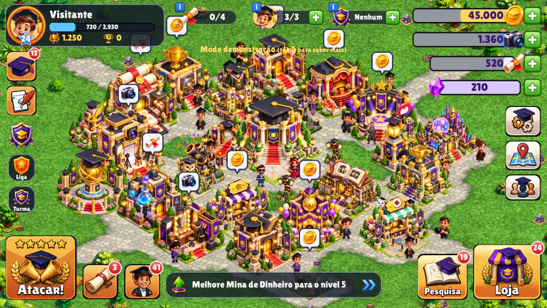 Base do Campus da Formatura no jogo, com prédios, recursos e formandos