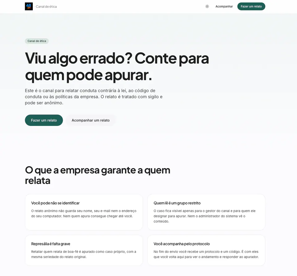 Canal de Ética aberto no navegador, com as garantias de sigilo e os botões de relatar e acompanhar