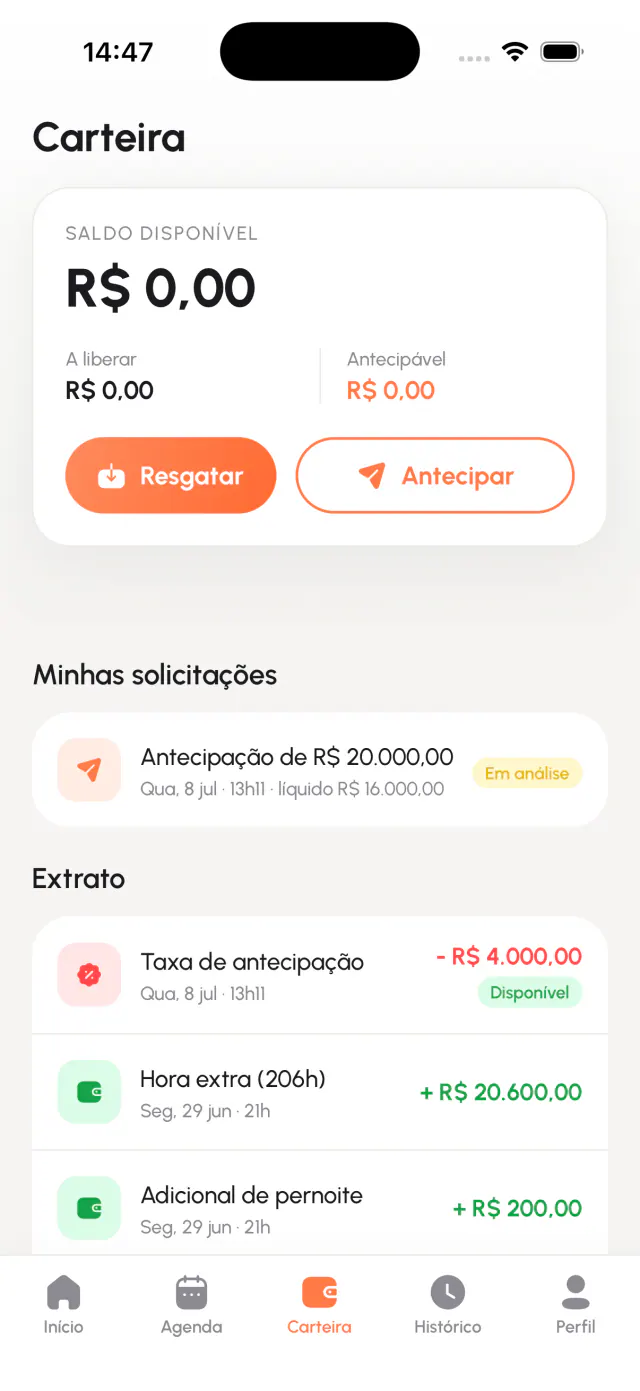 Cartera en la app Partiu FreeEquipe