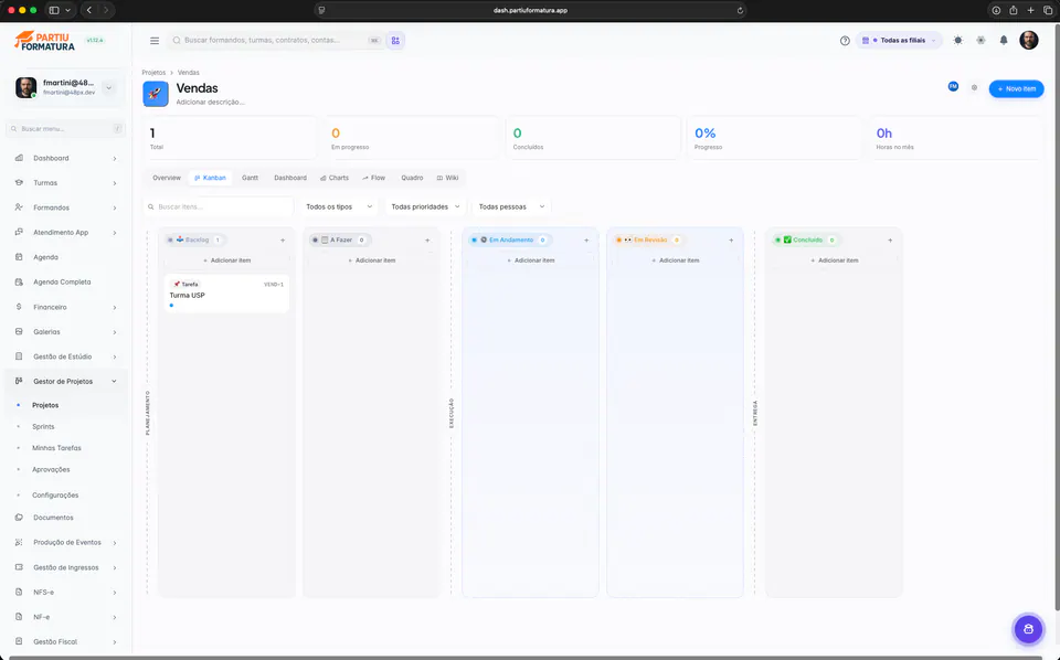 Kanban del gestor de proyectos en Partiu Dash