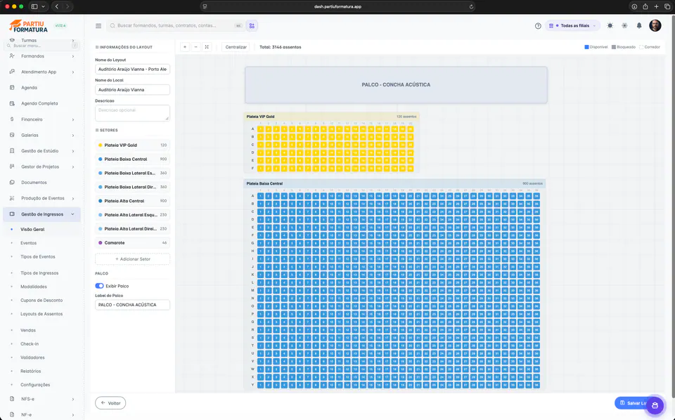 Editor de plano de mesas de Partiu Dash con sectores, escenario y miles de asientos