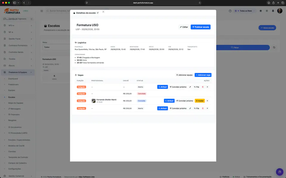 Agendas de autónomos y equipos en Partiu Dash