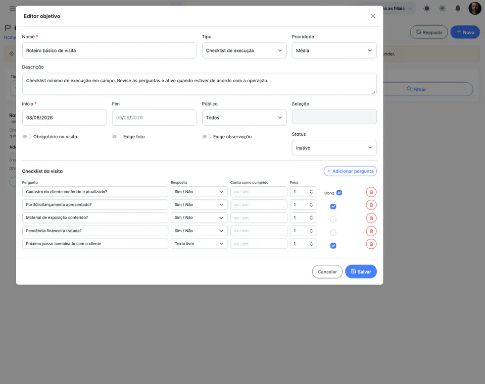 Editor de objetivos con lista de verificación de ejecución en campo en Partiu Dash