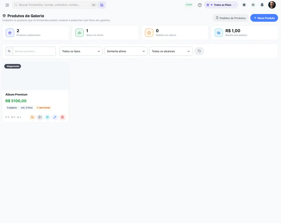 Productos de galería en Partiu Dash con catálogo, artículos activos en la tienda e ingresos por pedidos