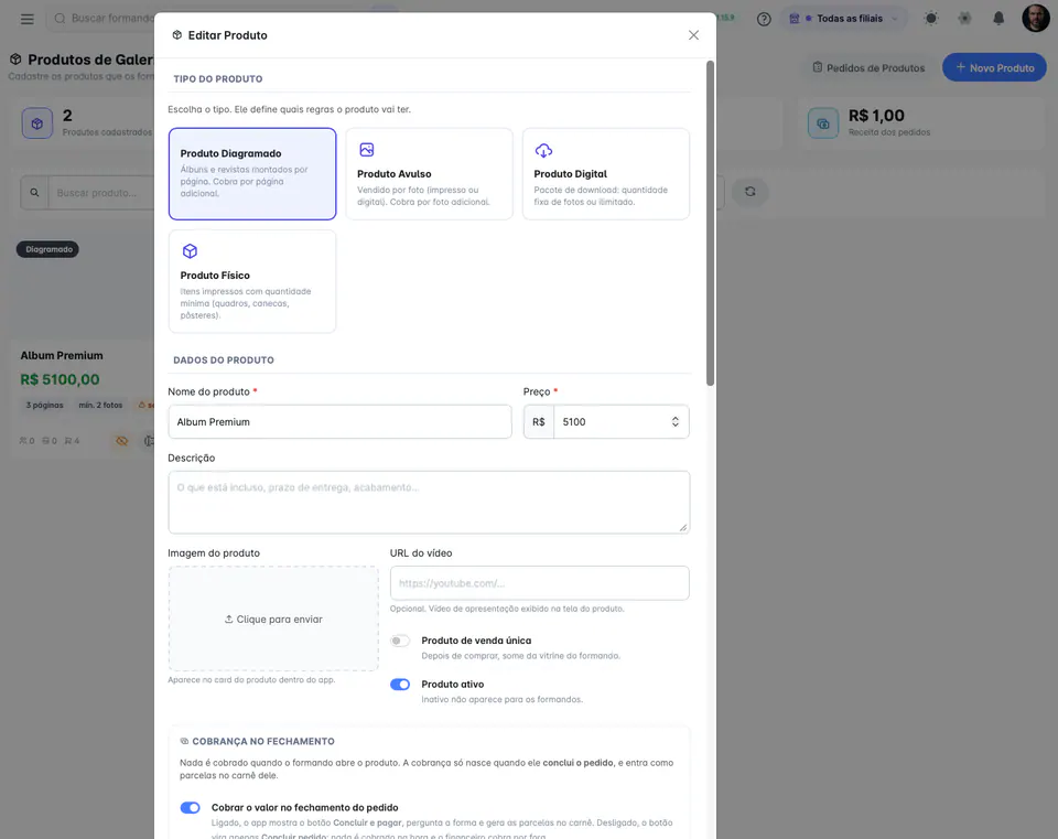 Edición de producto de galería en Partiu Dash con tipos diagramado, unitario, digital y físico