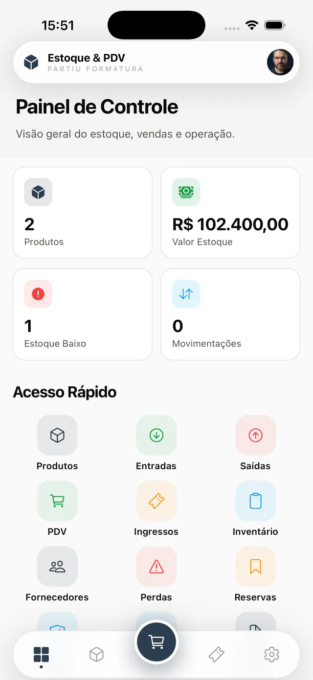 Panel de Partiu Estoque con productos, valor del inventario y accesos rápidos