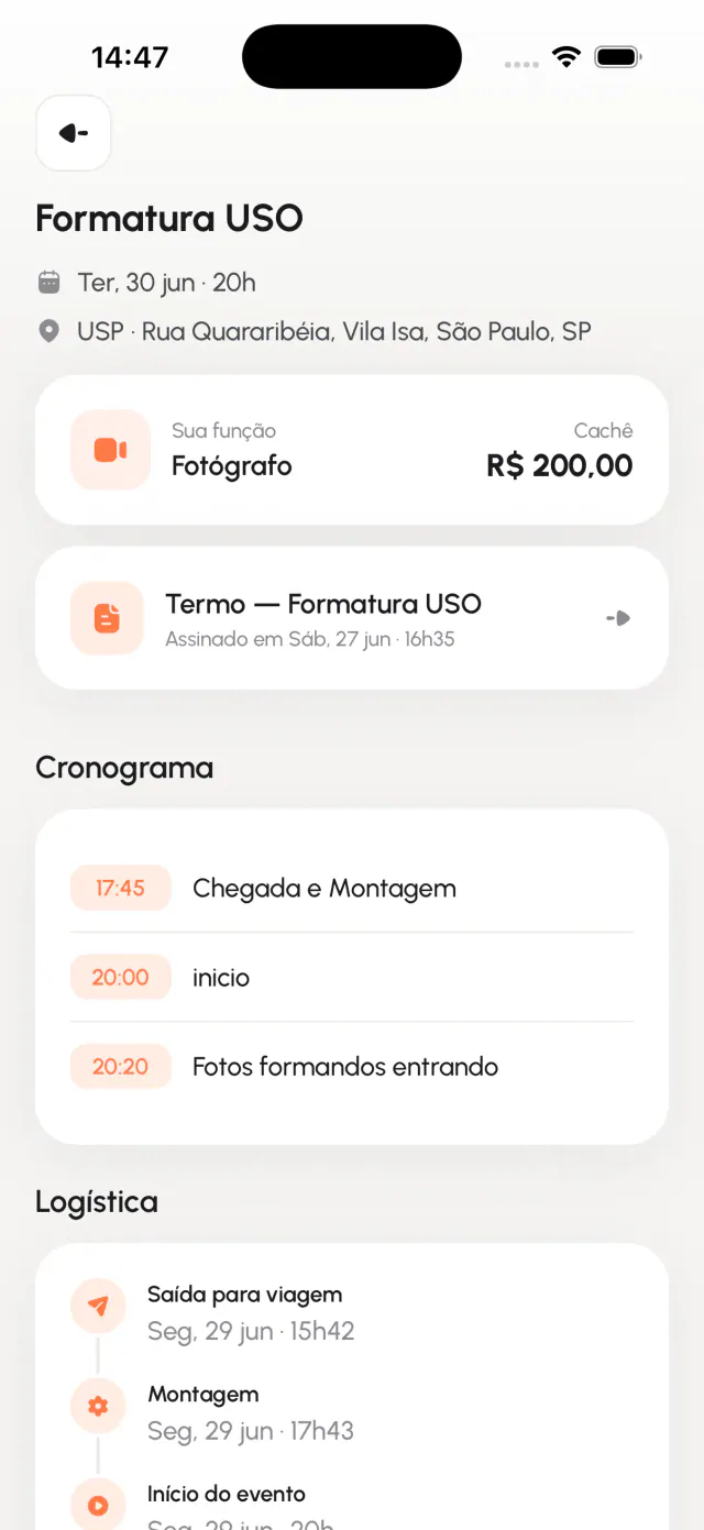 Detalle del evento en la app Partiu FreeEquipe