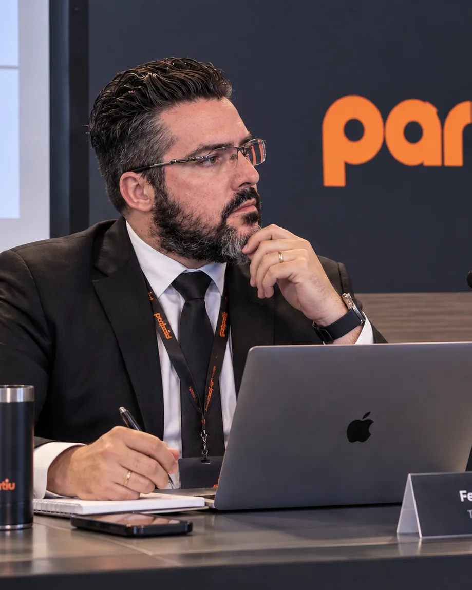 Fernando Martini, idealizador do Partiu, em uma reunião no escritório
