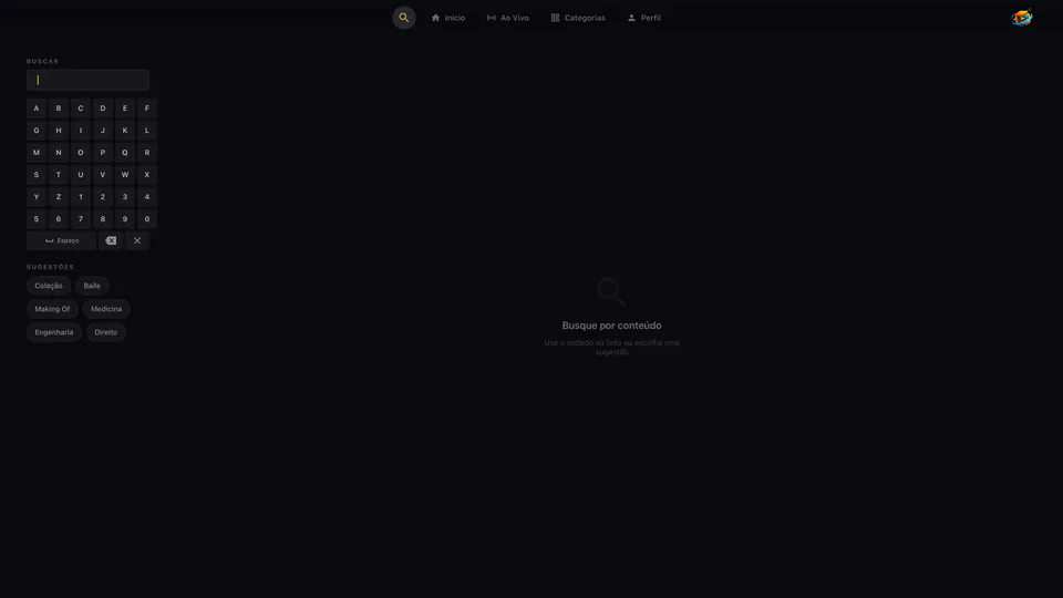 Écran de recherche FormaturaTV sur TV avec clavier à l’écran et suggestions de contenus
