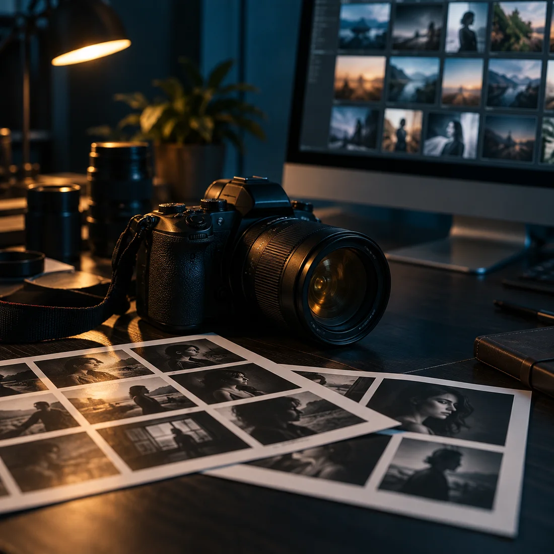 Câmera e fotos selecionadas em uma mesa de trabalho, com uma galeria digital ao fundo