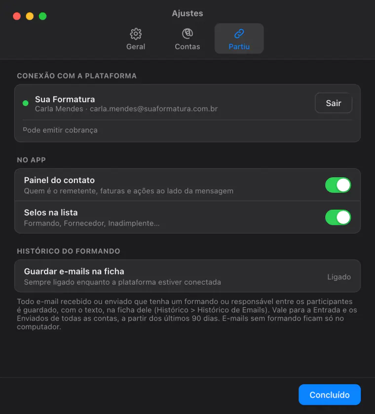 Ajustes do Mail na aba Partiu: conexão com a plataforma, painel do contato, selos e o histórico do formando ligado