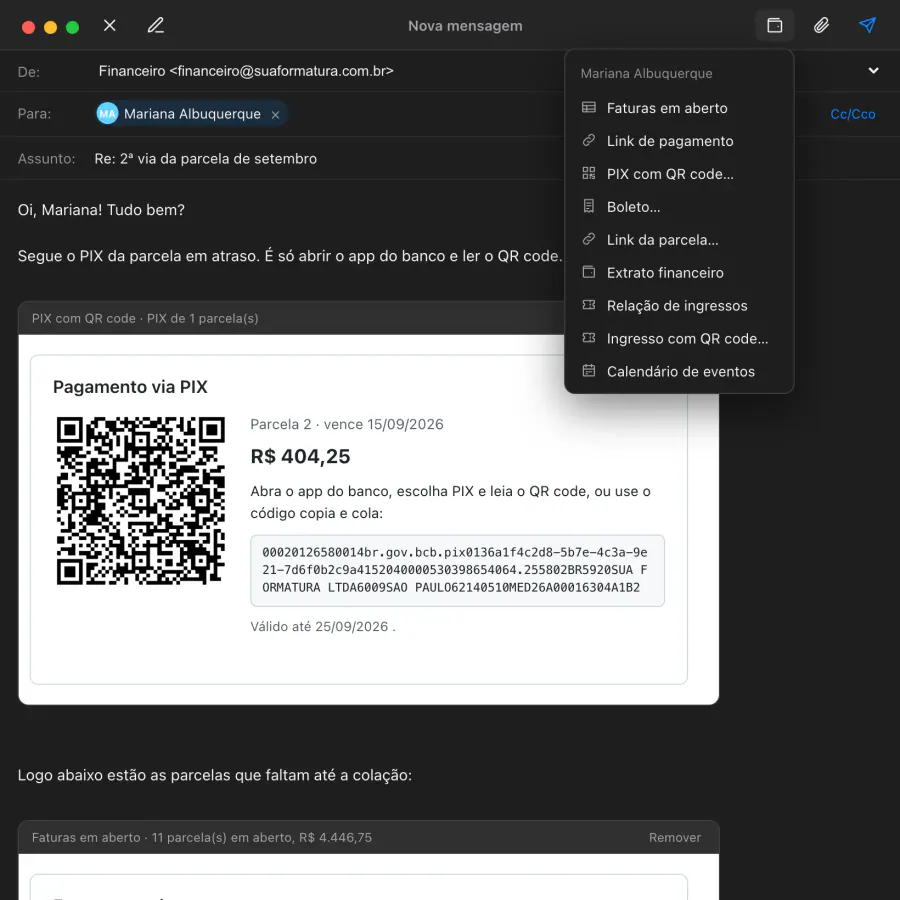 Nova mensagem no Mail com o bloco de PIX com QR code, as faturas em aberto e o menu Inserir da Partiu aberto
