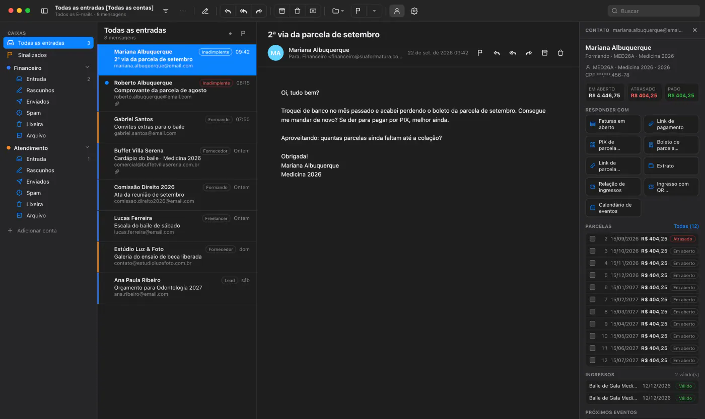 Janela principal do Mail: caixas, lista de e-mails com selos de formando e fornecedor, mensagem aberta e o painel da formanda com parcelas e ações
