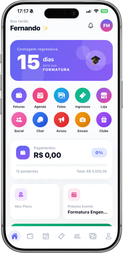 Tela inicial do app Partiu Formatura