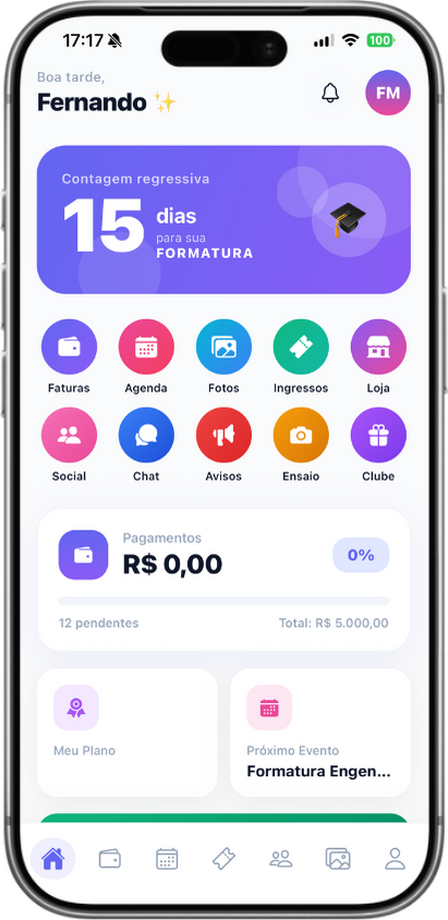 Tela inicial do app Partiu Formatura