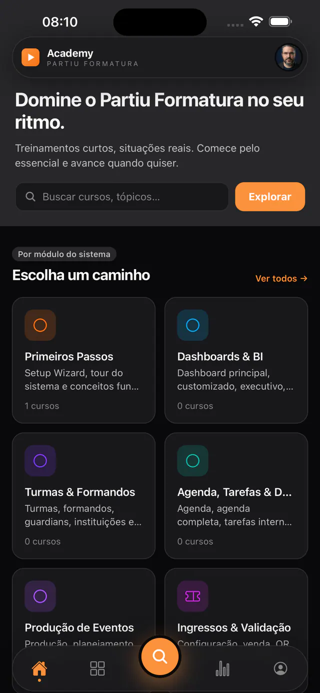 App Partiu Academy com cursos e trilhas de treinamento