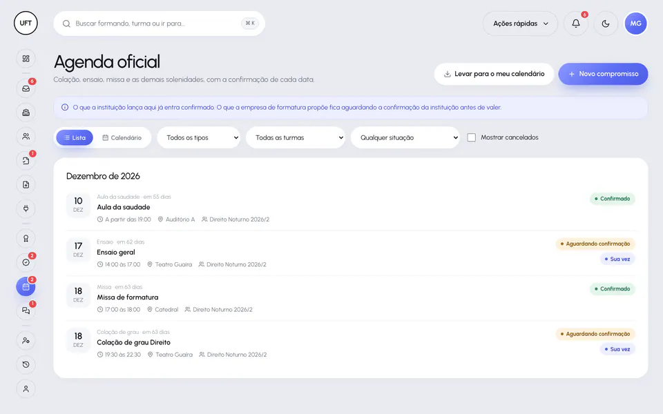 Agenda oficial no Portal da Instituição com ensaio, colação e aula da saudade, compromissos propostos e confirmados