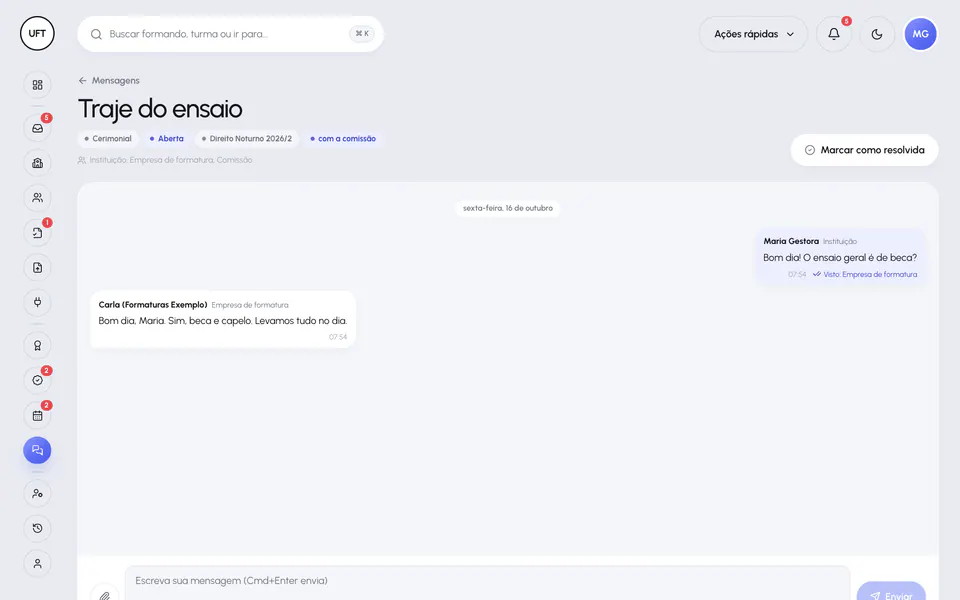 Comunicação no Portal da Instituição com conversas por assunto entre a instituição, a empresa de formatura e a comissão